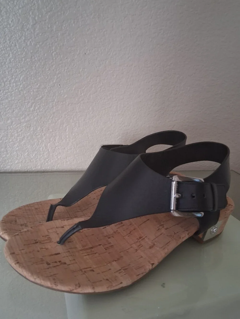 Michael Kors Black Leather London Thong Sandal with Cork Block Heel